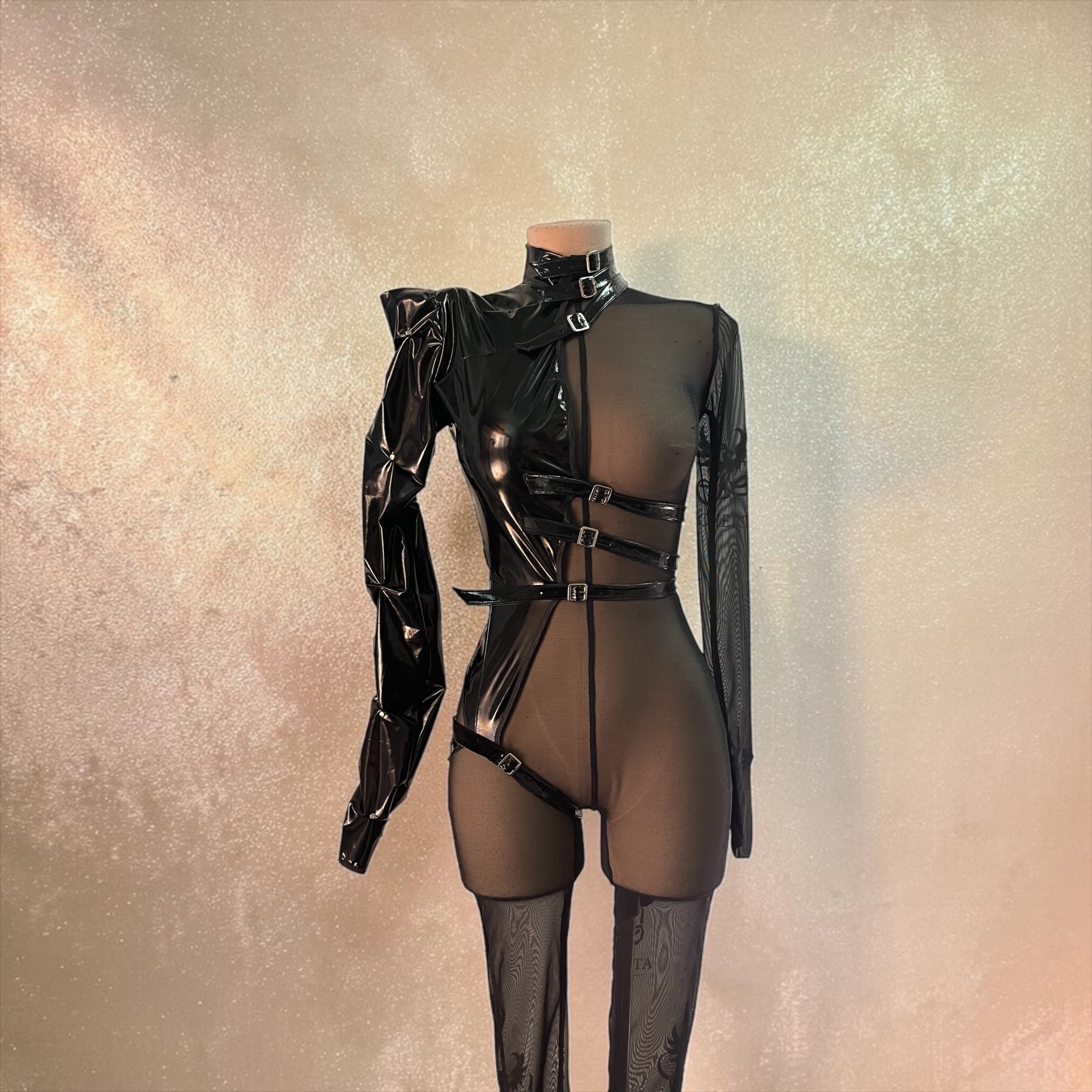 Obsidian Voltage Sheer Mesh Catsuit with Faux Patent Leather Harness | MuseByMax