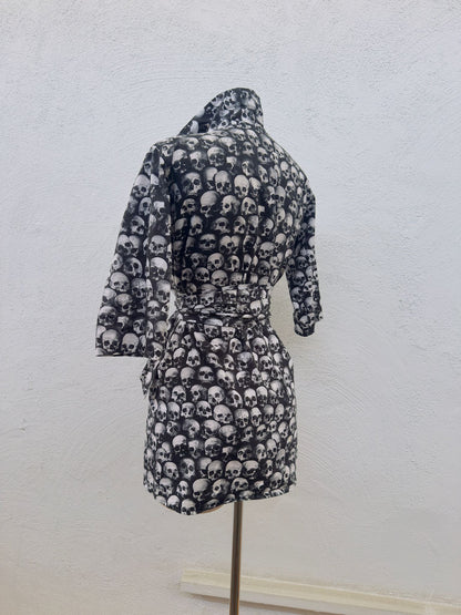 Skull Print Cotton Robe – Festival Fashion Cover Up, Beach Resort Wrap, Handmade 100% Cotton