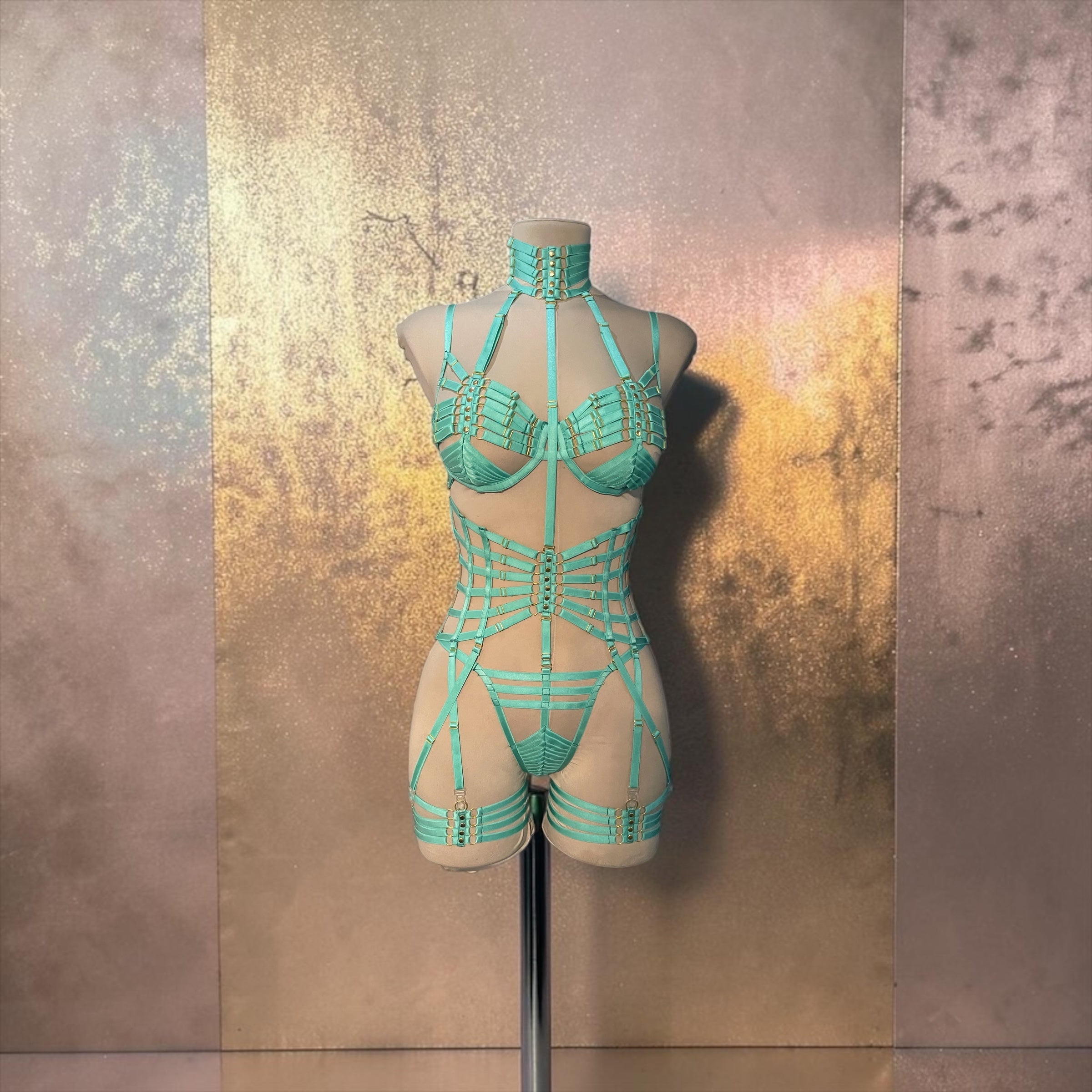 Aqua six-piece adjustable strappy harness lingerie set with gold hardware by MuseByMax