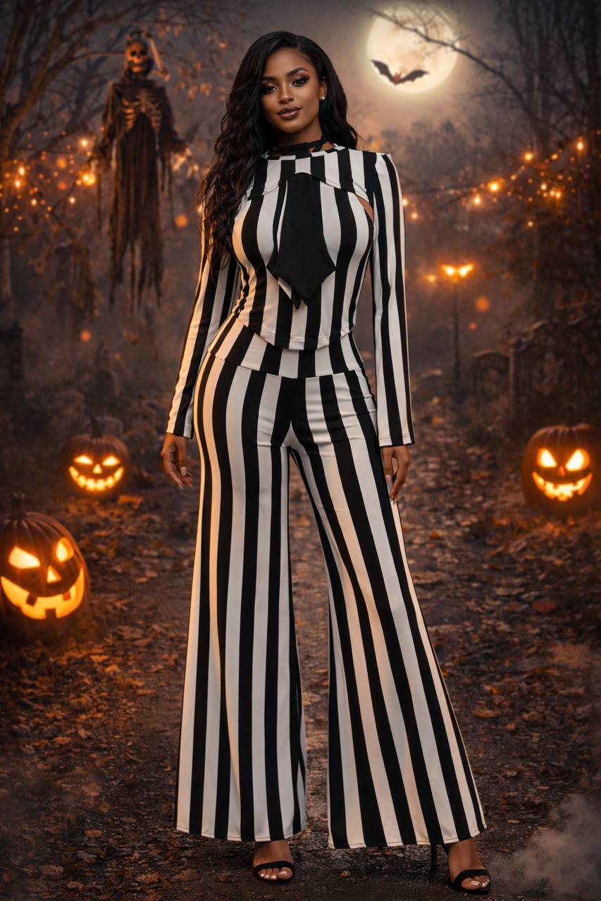 Black and white striped wide‑leg jumpsuit with tie‑neck detail inspired by Beetlejuice Halloween fashion