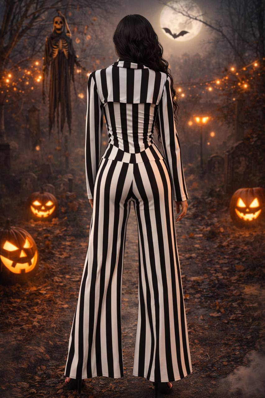 Black and white striped wide‑leg jumpsuit with tie‑neck detail inspired by Beetlejuice Halloween fashion
