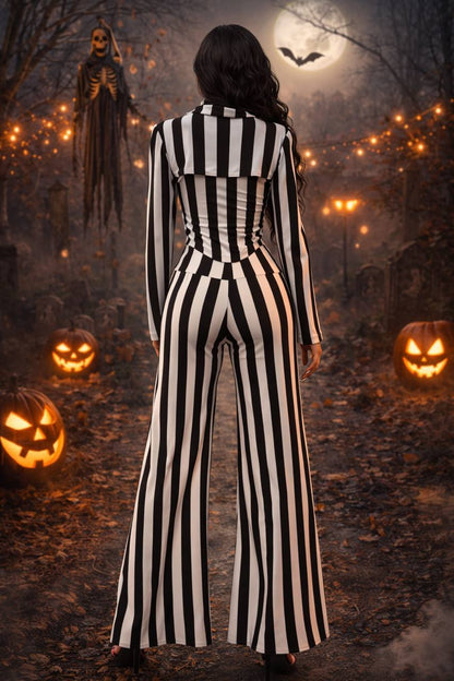 Black and white striped wide‑leg jumpsuit with tie‑neck detail inspired by Beetlejuice Halloween fashion