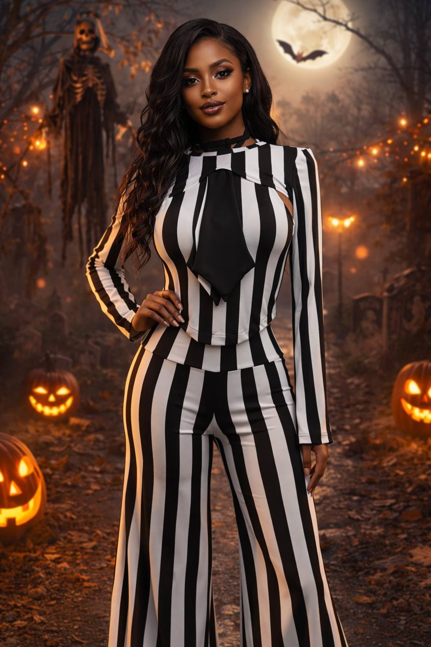 Black and white striped wide‑leg jumpsuit with tie‑neck detail inspired by Beetlejuice Halloween fashion