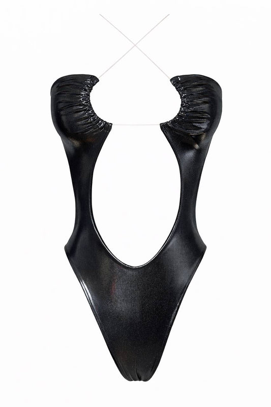Black cut‑out halterneck swimsuit with a sleek body‑contouring fit designed for bold beach and resort styling