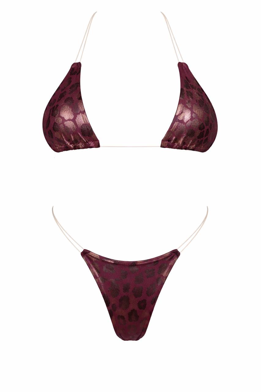 Burgundy metallic leopard print bikini set with a body‑contouring fit and high‑shine finish for luxe beach and resort styling