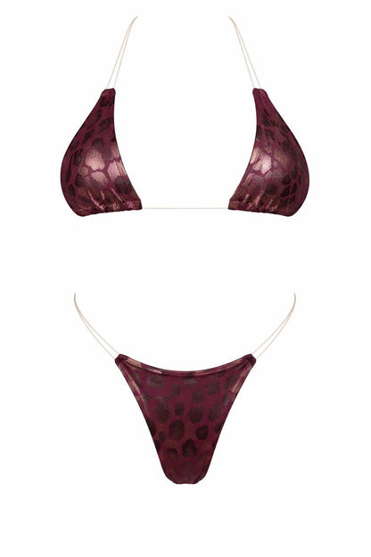 Burgundy metallic leopard print bikini set with a body‑contouring fit and high‑shine finish for luxe beach and resort styling