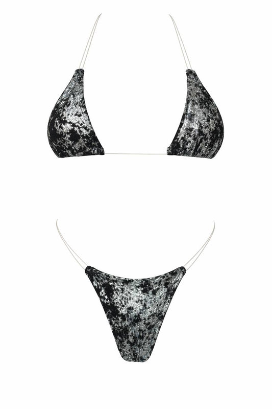 Silver and black sequin triangle bikini set with a shimmering high-glam finish for beach, festival, and statement styling