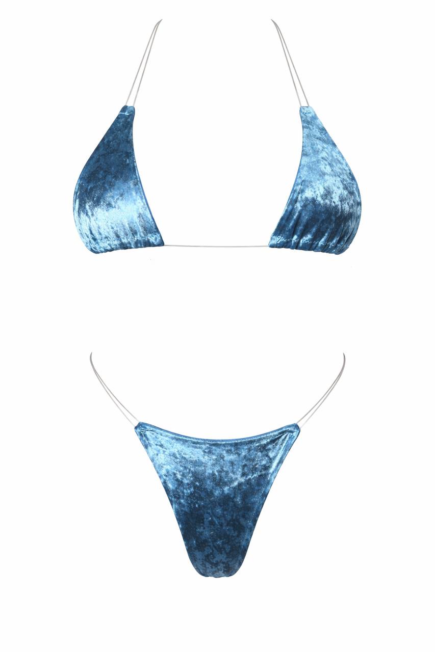 Blue velvet triangle bikini set with a soft textured finish and body‑contouring silhouette for luxe beach and resort styling