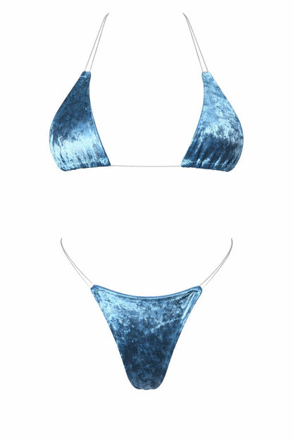 Blue velvet triangle bikini set with a soft textured finish and body‑contouring silhouette for luxe beach and resort styling