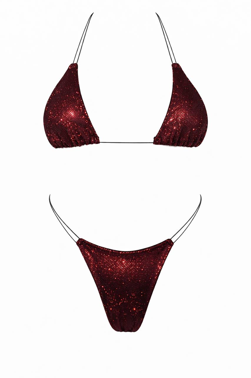Burgundy sparkling bikini set with a radiant shimmer and body‑contouring silhouette for luxe beach and resort styling