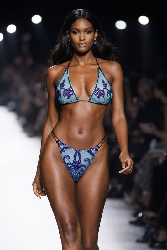 Blue Mesh Bikini Set with Purple & Blue Sequin Embellishments for Glam Beach & Statement Resort Wear | MBM S26 n35