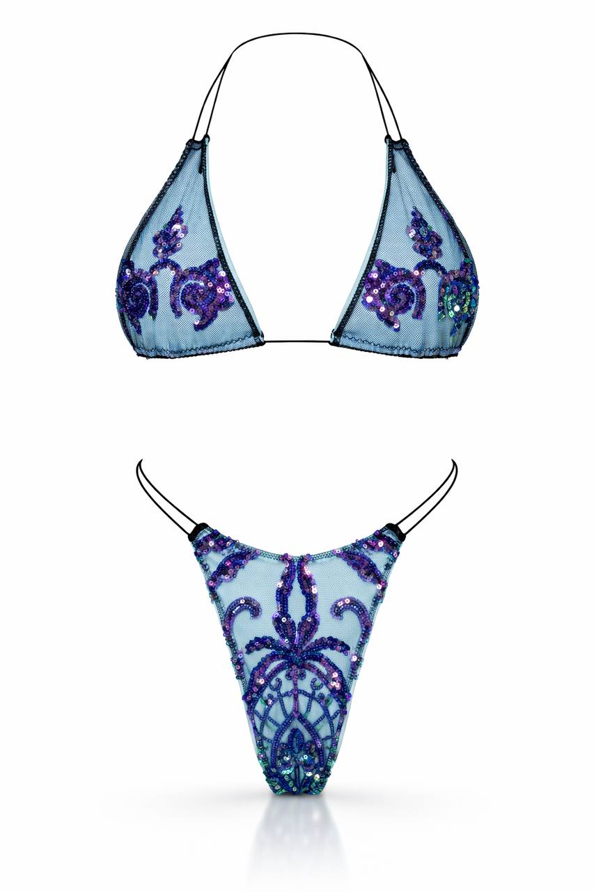 Blue Mesh Bikini Set with Purple & Blue Sequin Embellishments for Glam Beach & Statement Resort Wear | MBM S26 n35