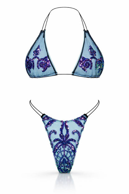 Blue Mesh Bikini Set with Purple & Blue Sequin Embellishments for Glam Beach & Statement Resort Wear | MBM S26 n35