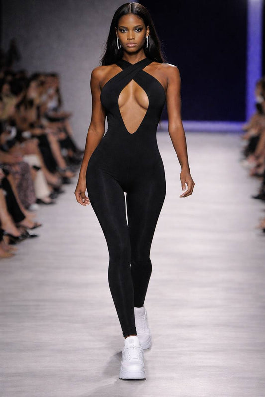 Black Bodycon Jumpsuit for Women – Deep Plunge Halter Neck with Keyhole Front for Night Out, Club & Statement Style | MBM S26 n38