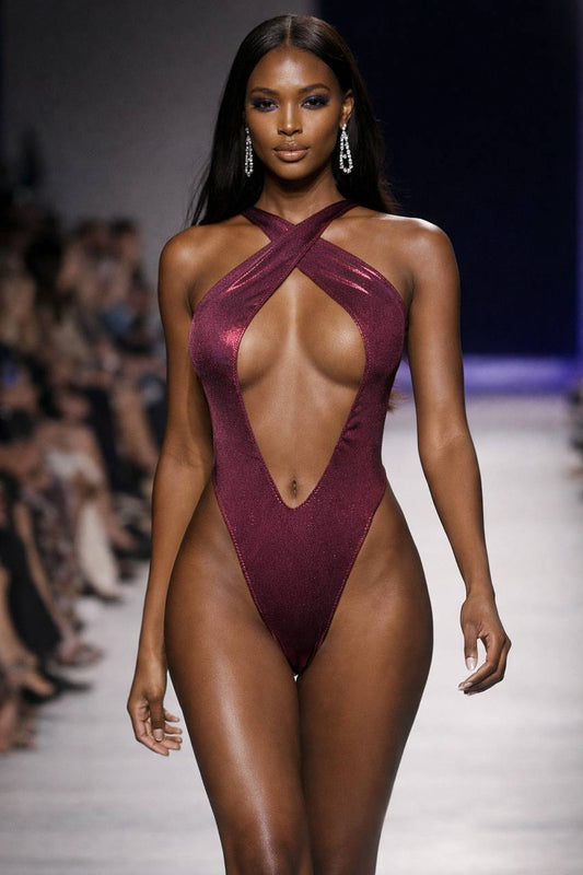 One‑Piece Swimsuit for Women – Crisscross Halter Neck with Keyhole Cutout & High‑Cut Leg for Bold Modern Beach Style | MBM S26 n39