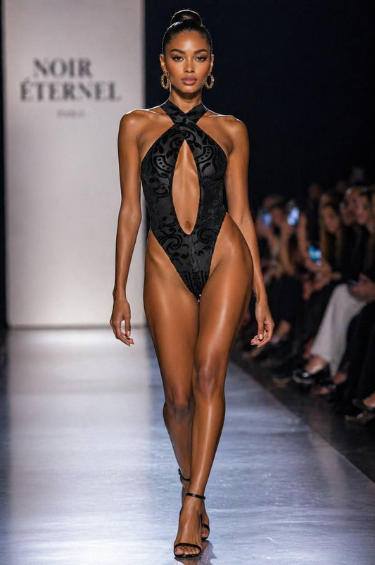 Black Velvet One‑Piece Swimsuit for Women – High‑Neck Cut‑Out Monokini for Luxe Beach, Pool & Resort Style | MBM S26 n45