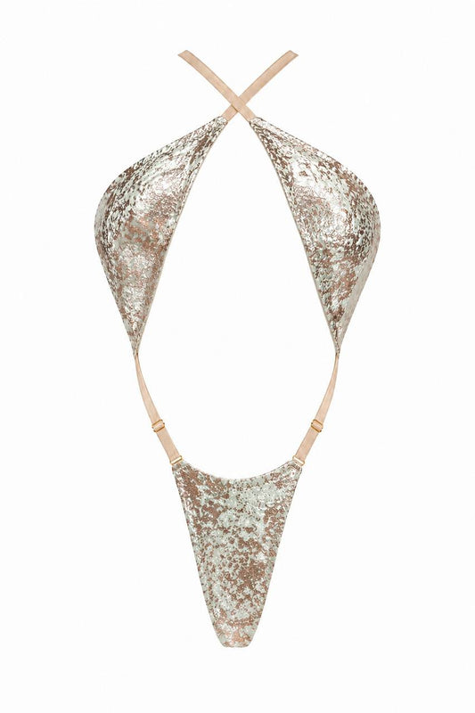 Metallic One‑Piece Swimsuit for Women – Halter Neck Strappy Design for Beach, Pool & Bold Statement Style | MBM S26 n48